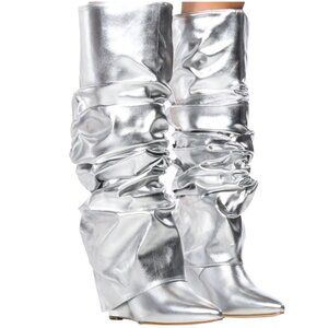 AZALEA WANG ZUMMA METALLIC RUCHED WEDGE BOOT IN SILVER - 7.5